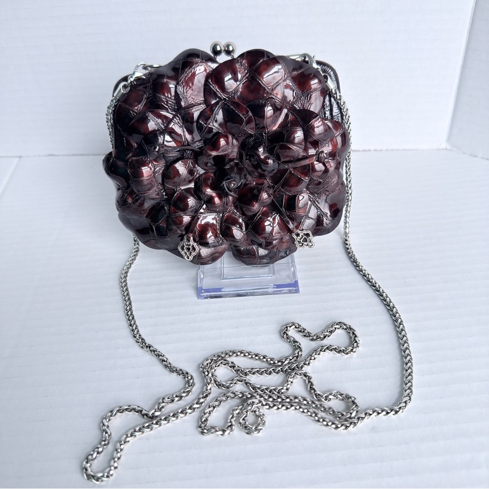 Brighton Floral Patent Leather Kisslock Clutch Crossbody Bag Burgundy